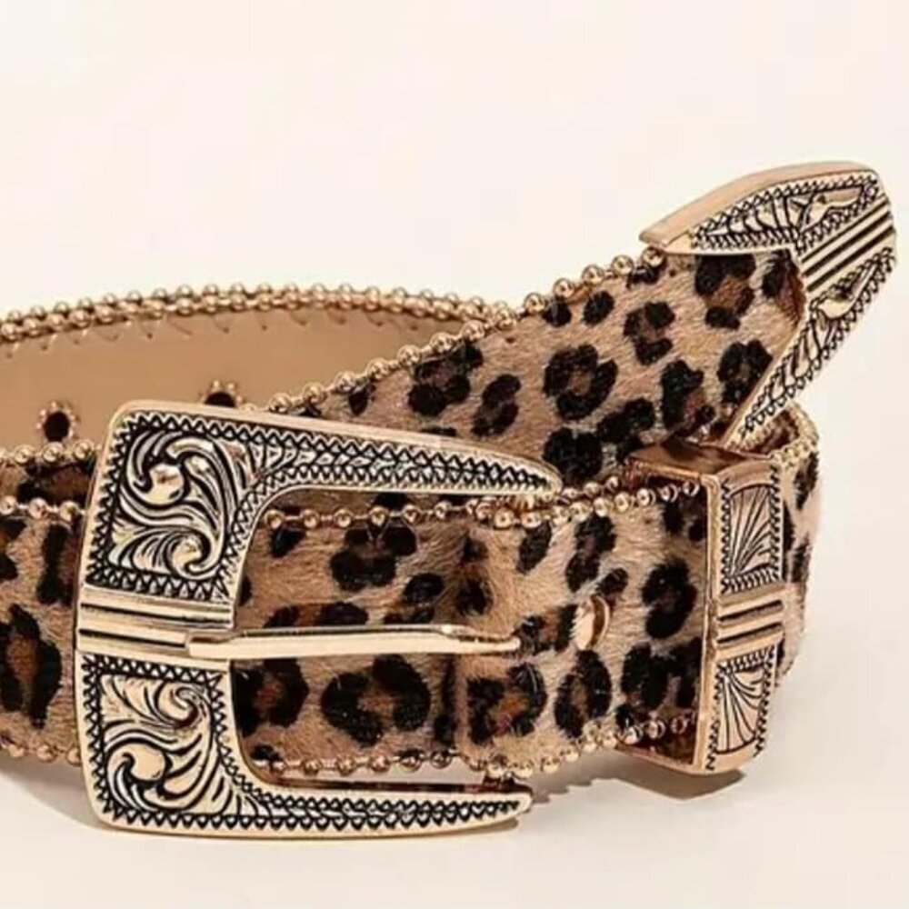 Leopard Animal Fir Textured 42" Length Belt Bright Gold Belt Buckle